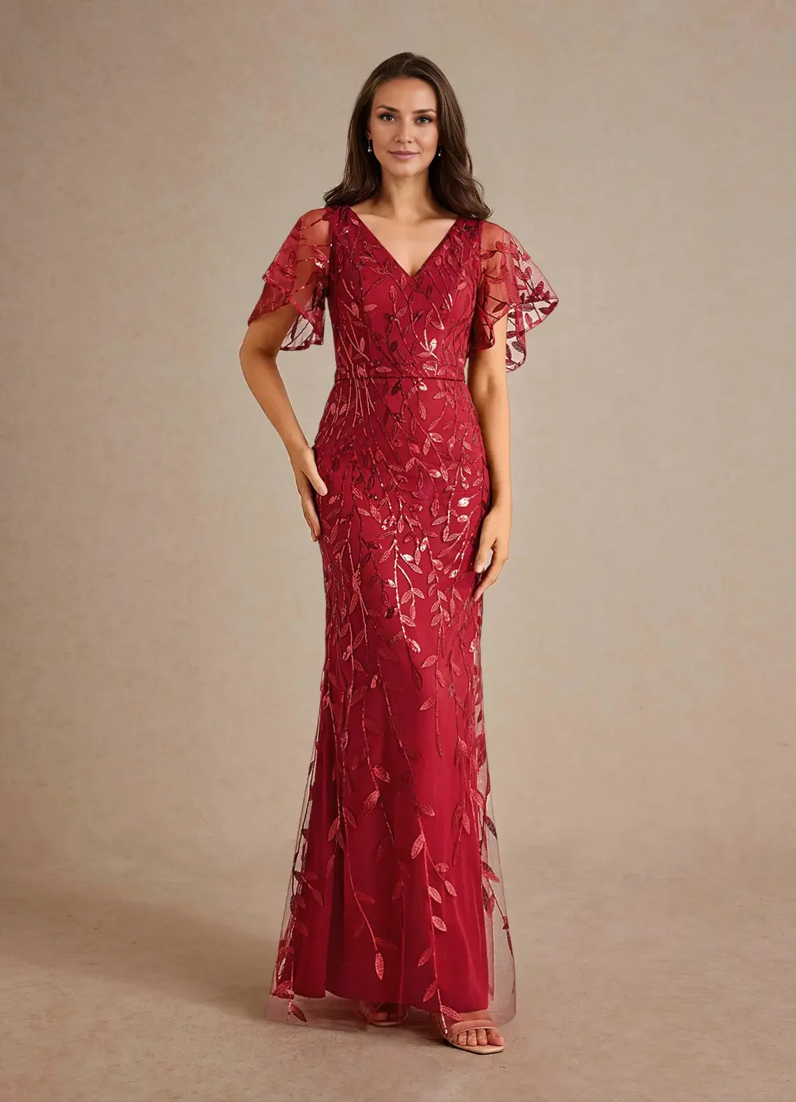 Sophisticated Graceful Stylish Refined Beautiful Elegant Champagne Tulle Sheath V-Neck Evening Dress