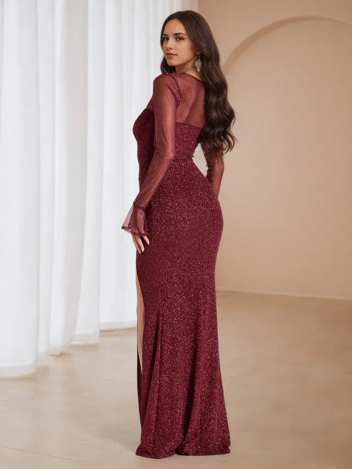 Burgundy Glitter Prom Dress Sheer Sleeves Sweetheart Neckline Side Slit for a Stunning Gala Appearance