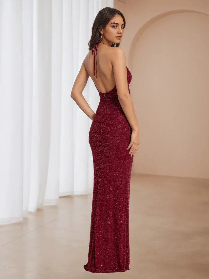 Burgundy Halter Neck Prom Dress Mermaid Style Evening Gown