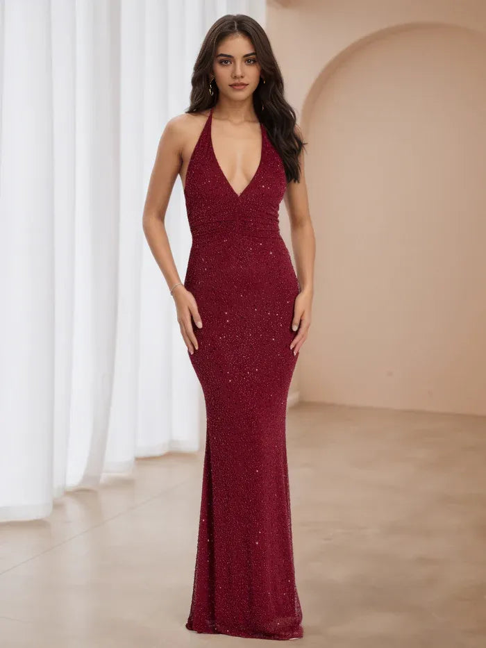 Burgundy Halter Neck Prom Dress Mermaid Style Evening Gown