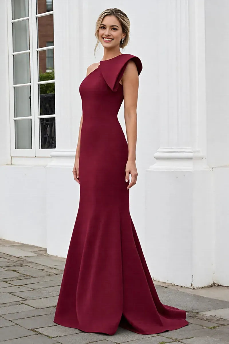 Burgundy Mermaid One Shoulder Maxi Mother of the Bride Dress