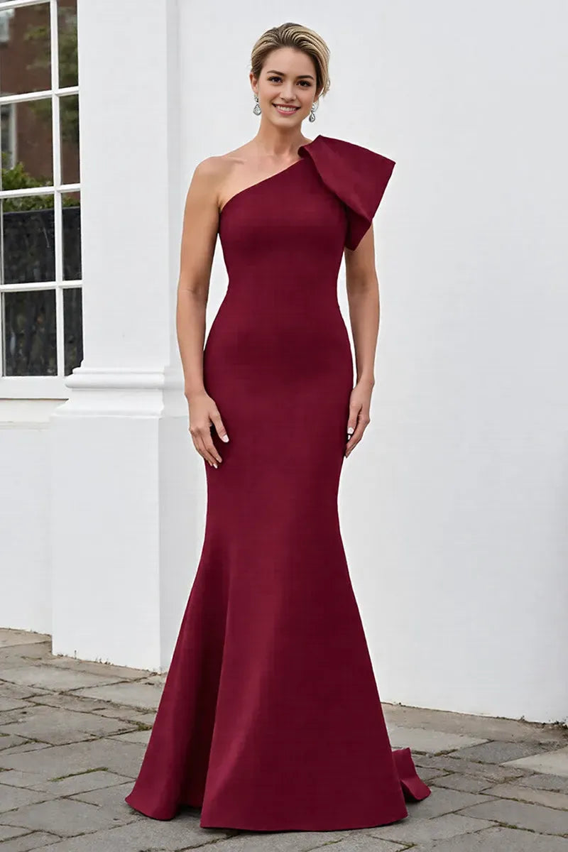 Burgundy Mermaid One Shoulder Maxi Mother of the Bride Dress