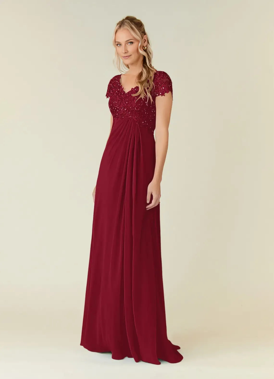 Burgundy Mother of the Bride Dress with V - Neck Bodice Cap Sleeves and Flowy Skirt