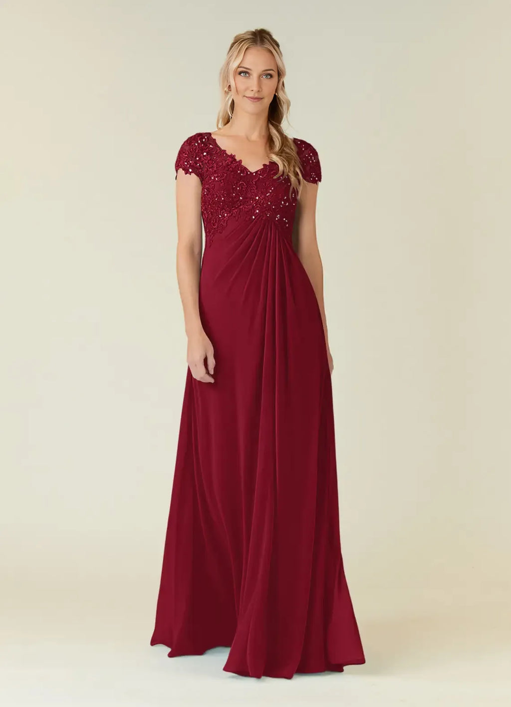 Burgundy Mother of the Bride Dress with V - Neck Bodice Cap Sleeves and Flowy Skirt