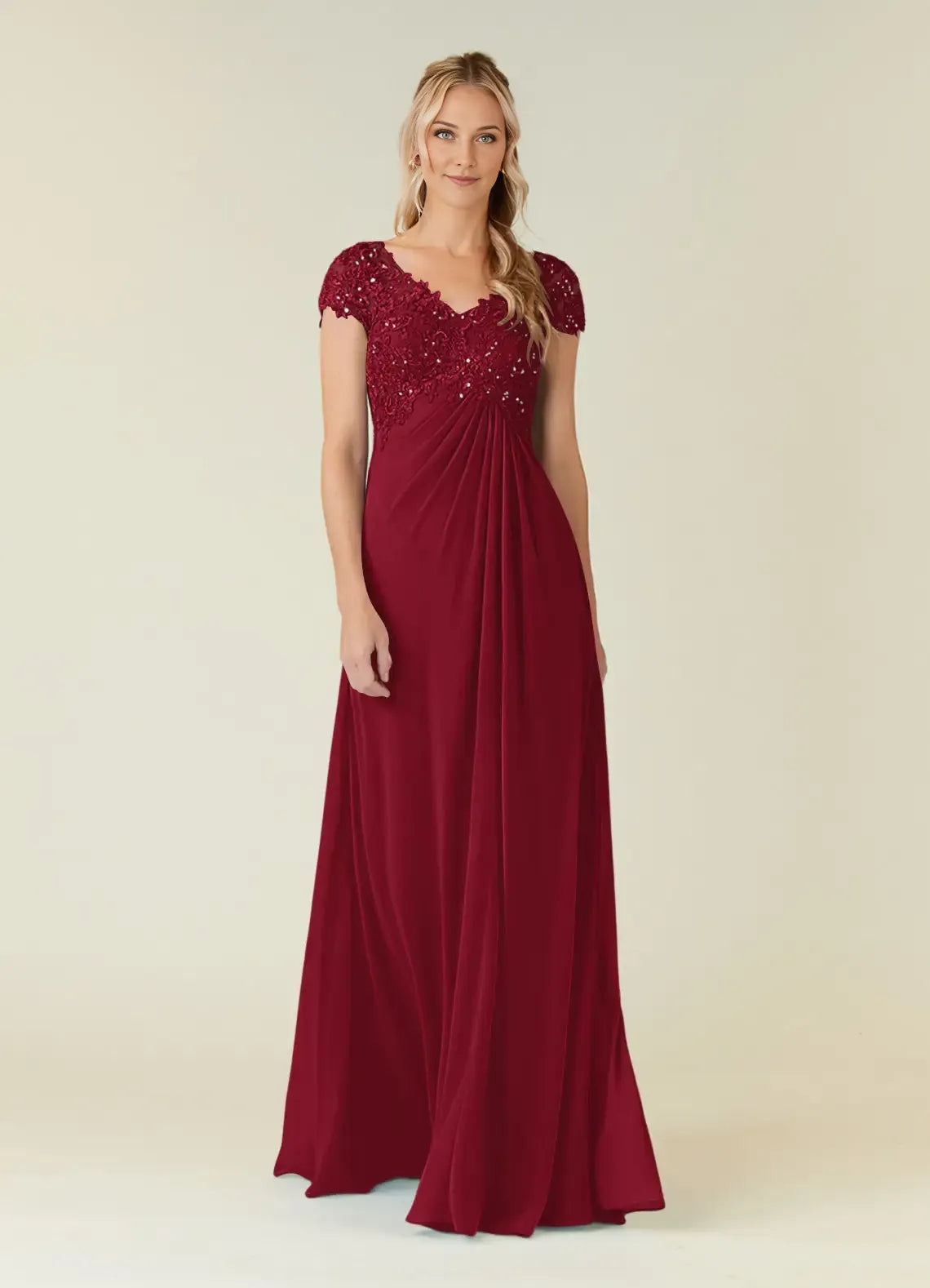 Burgundy Mother of the Bride Dress with V - Neck Bodice Cap Sleeves and Flowy Skirt