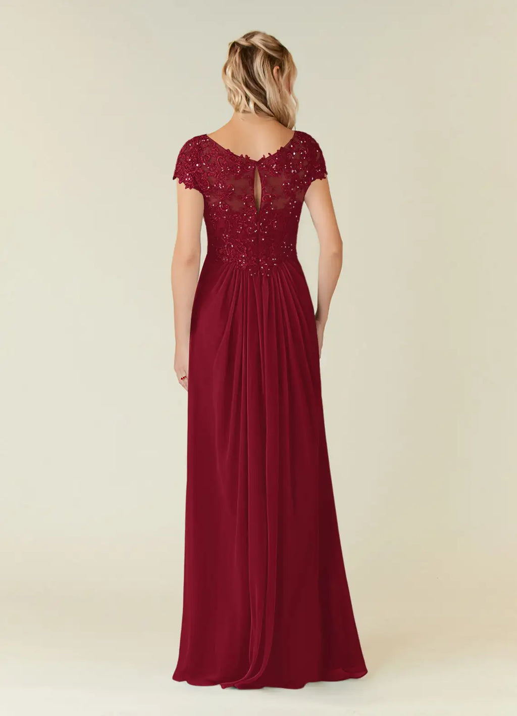 Burgundy Mother of the Bride Dress with V - Neck Bodice Cap Sleeves and Flowy Skirt