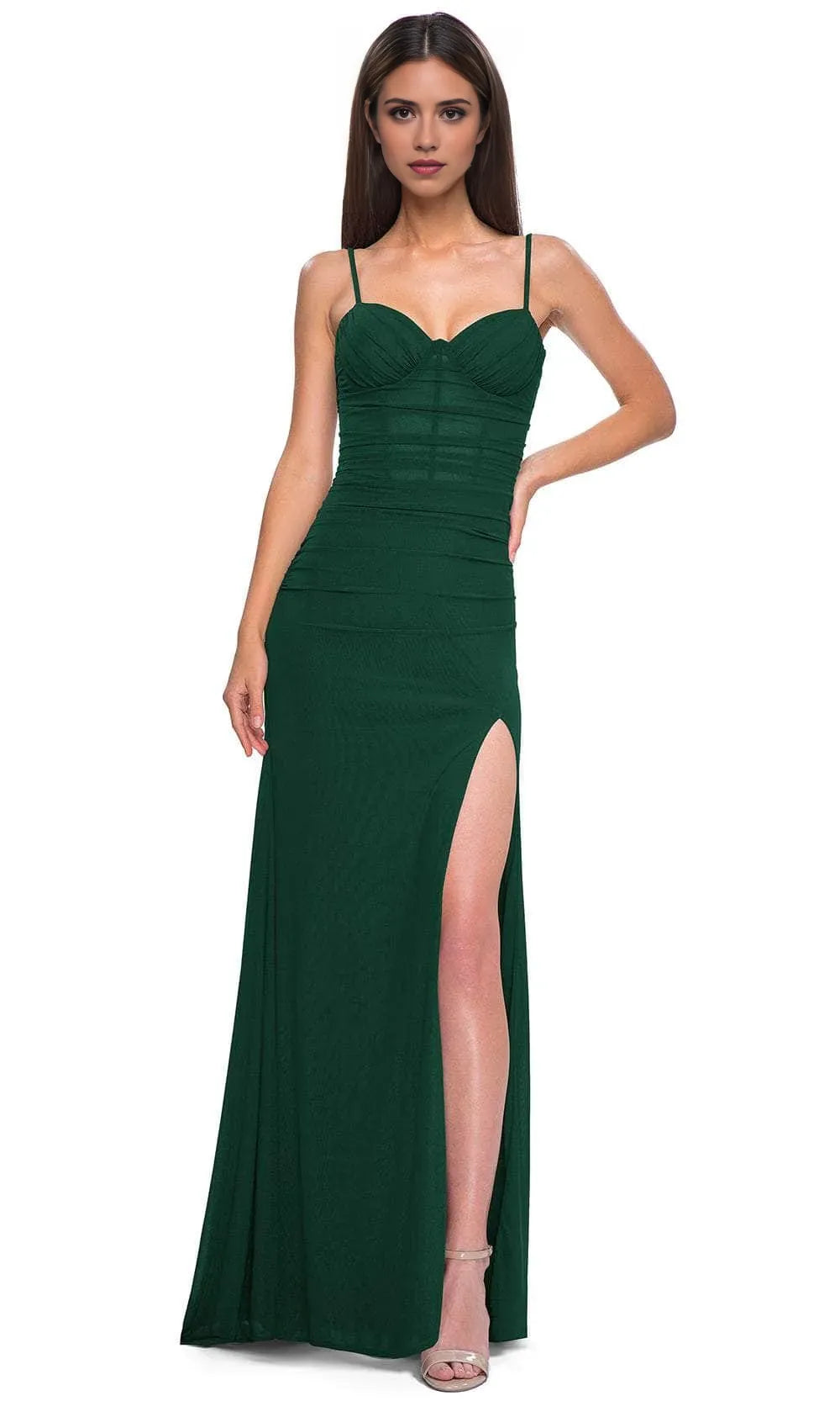 Burgundy Ruched Prom Dress with Spaghetti Straps and High Side Slit for Formal Evening Events