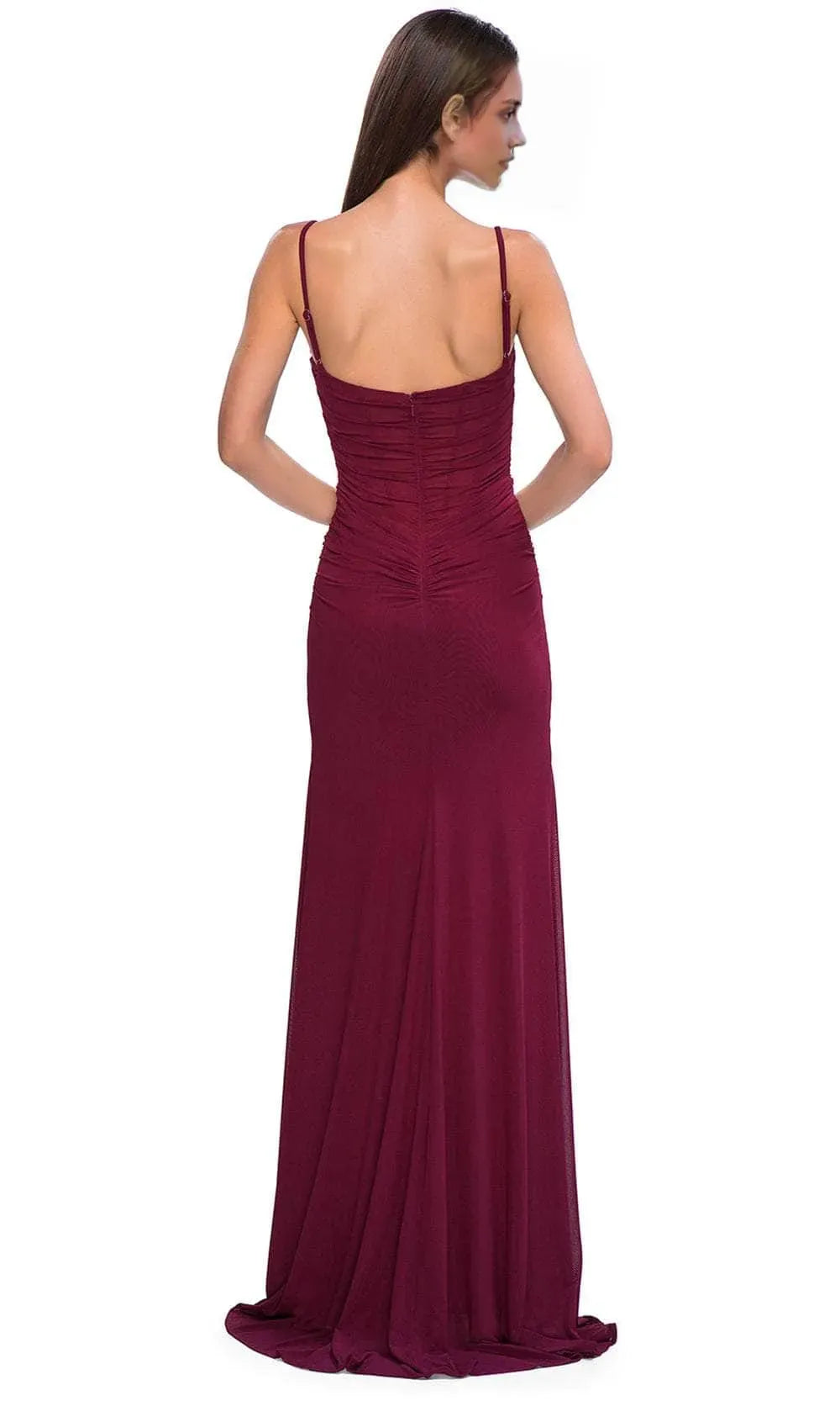 Burgundy Ruched Prom Dress with Spaghetti Straps and High Side Slit for Formal Evening Events