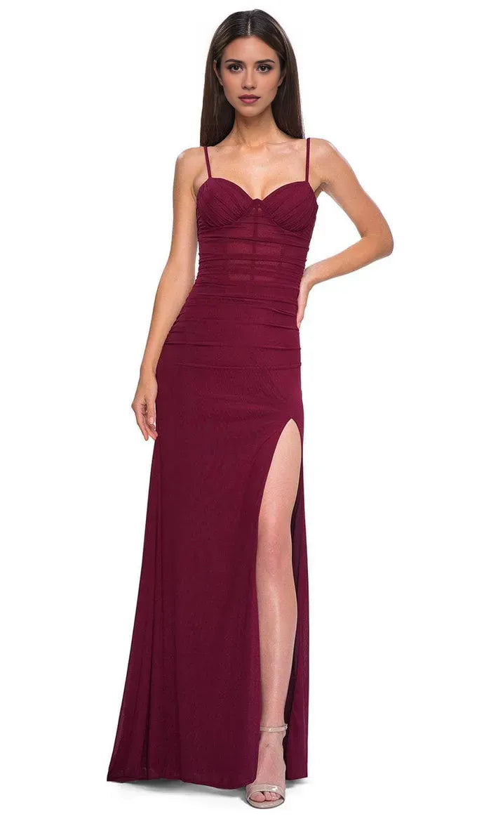 Burgundy Ruched Prom Dress with Spaghetti Straps and High Side Slit for Formal Evening Events