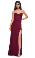 Burgundy Ruched Prom Dress with Spaghetti Straps and High Side Slit for Formal Evening Events