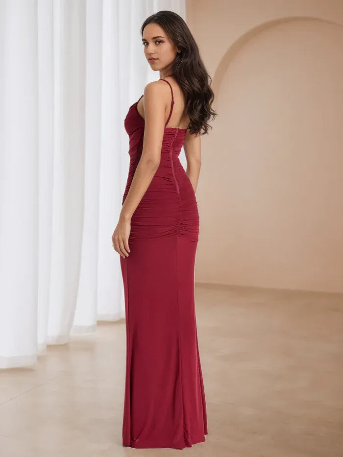 Burgundy Ruched Prom Dress with Trim Spaghetti Straps Figure - Hugging Silhouette for Timeless Gala Elegance