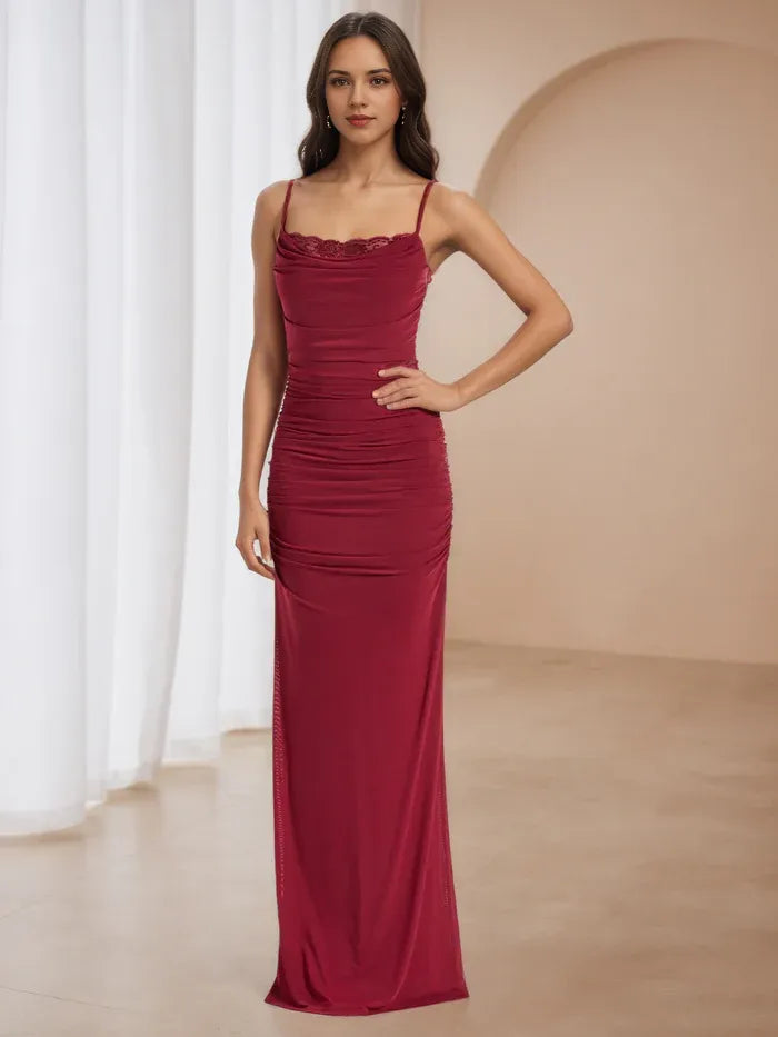 Burgundy Ruched Prom Dress with Trim Spaghetti Straps Figure - Hugging Silhouette for Timeless Gala Elegance