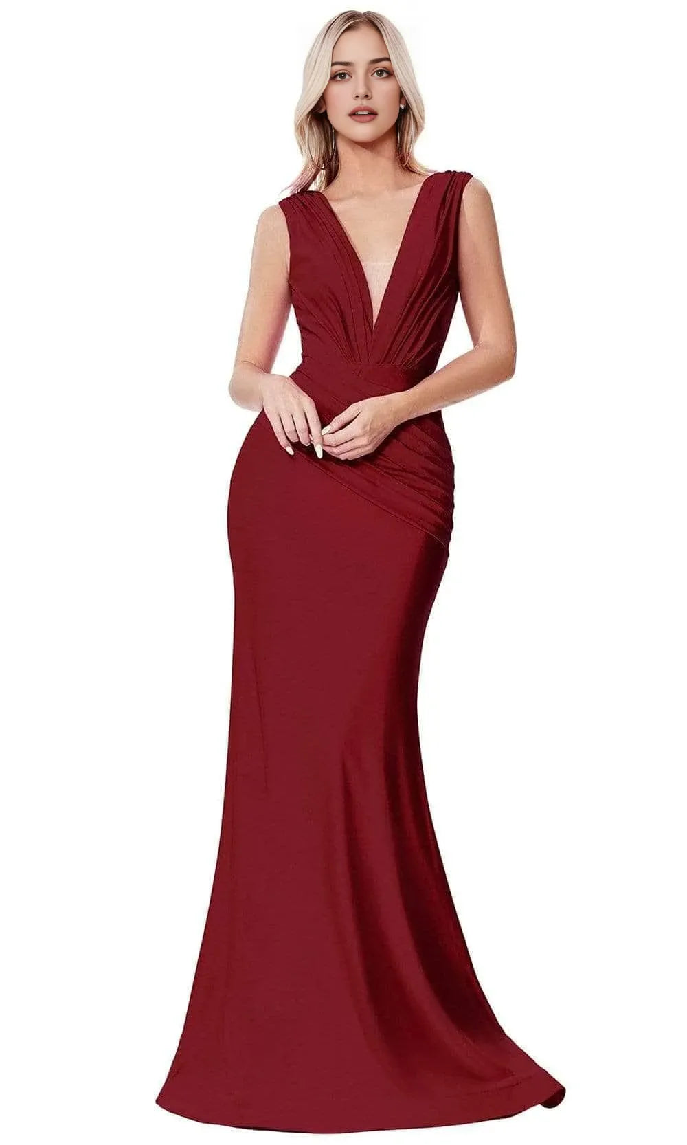 Burgundy Evening Dress with Plunging V - Neckline Draped Bodice and Mermaid Silhouette for Glamorous Occasions