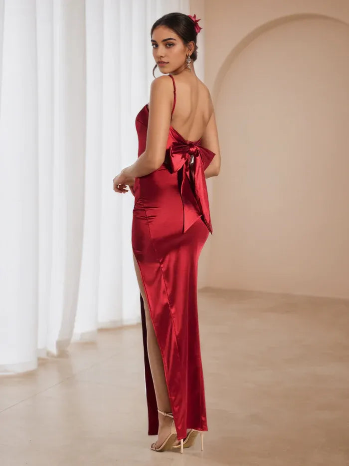 Burgundy Gown Spaghetti Straps Ruched Bodice Side Slit for Glamorous Proms