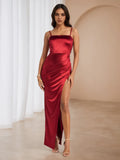 Burgundy Gown Spaghetti Straps Ruched Bodice Side Slit for Glamorous Proms