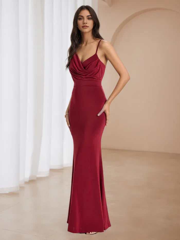 Burgundy Mermaid Prom Dress Cowl Neckline Spaghetti Straps for Timeless Glamour