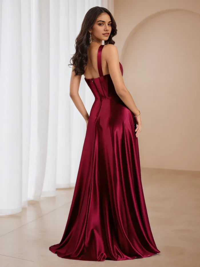 Burgundy One Shoulder Prom Dress Cowl Neckline Side Slit for Regal