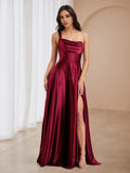 Burgundy One Shoulder Prom Dress Cowl Neckline Side Slit for Regal