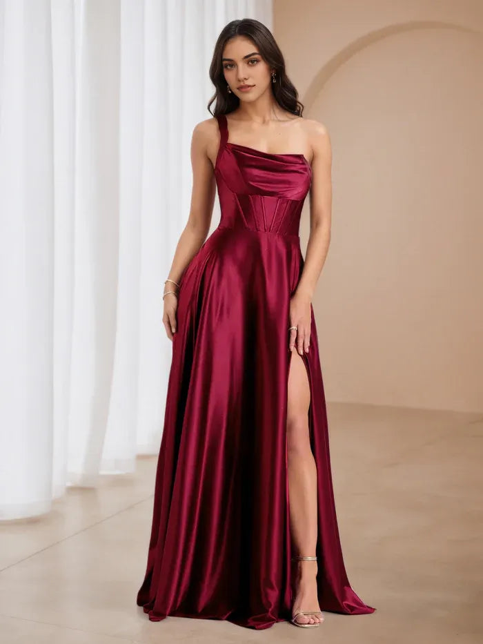 Burgundy One Shoulder Prom Dress Cowl Neckline Side Slit for Regal