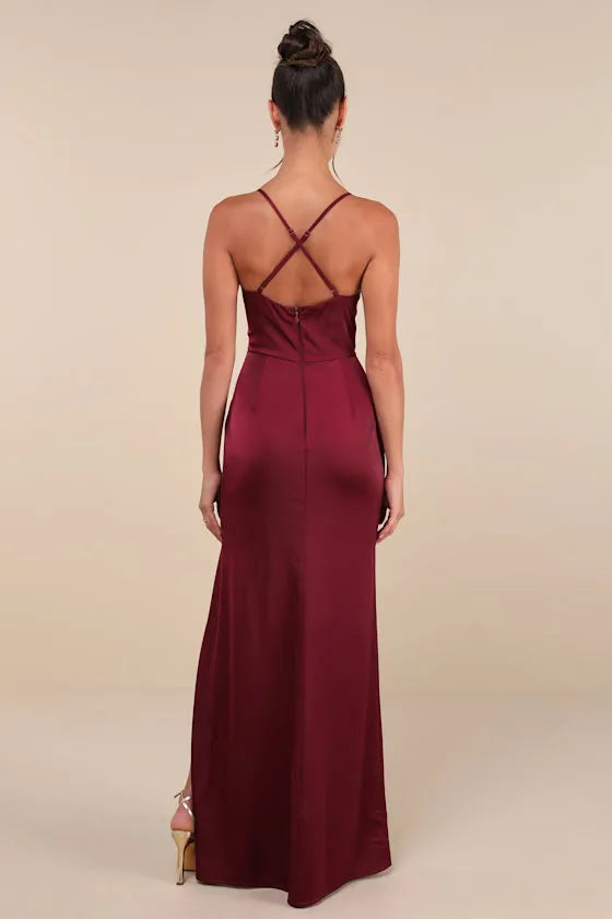 Burgundy Prom Dress with Cowl Neckline Spaghetti Straps Asymmetric Wrap Skirt High-Thigh Slit Perfect for Formal Galas