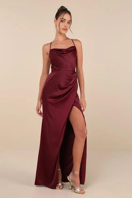 Burgundy Prom Dress with Cowl Neckline Spaghetti Straps Asymmetric Wrap Skirt High-Thigh Slit Perfect for Formal Galas