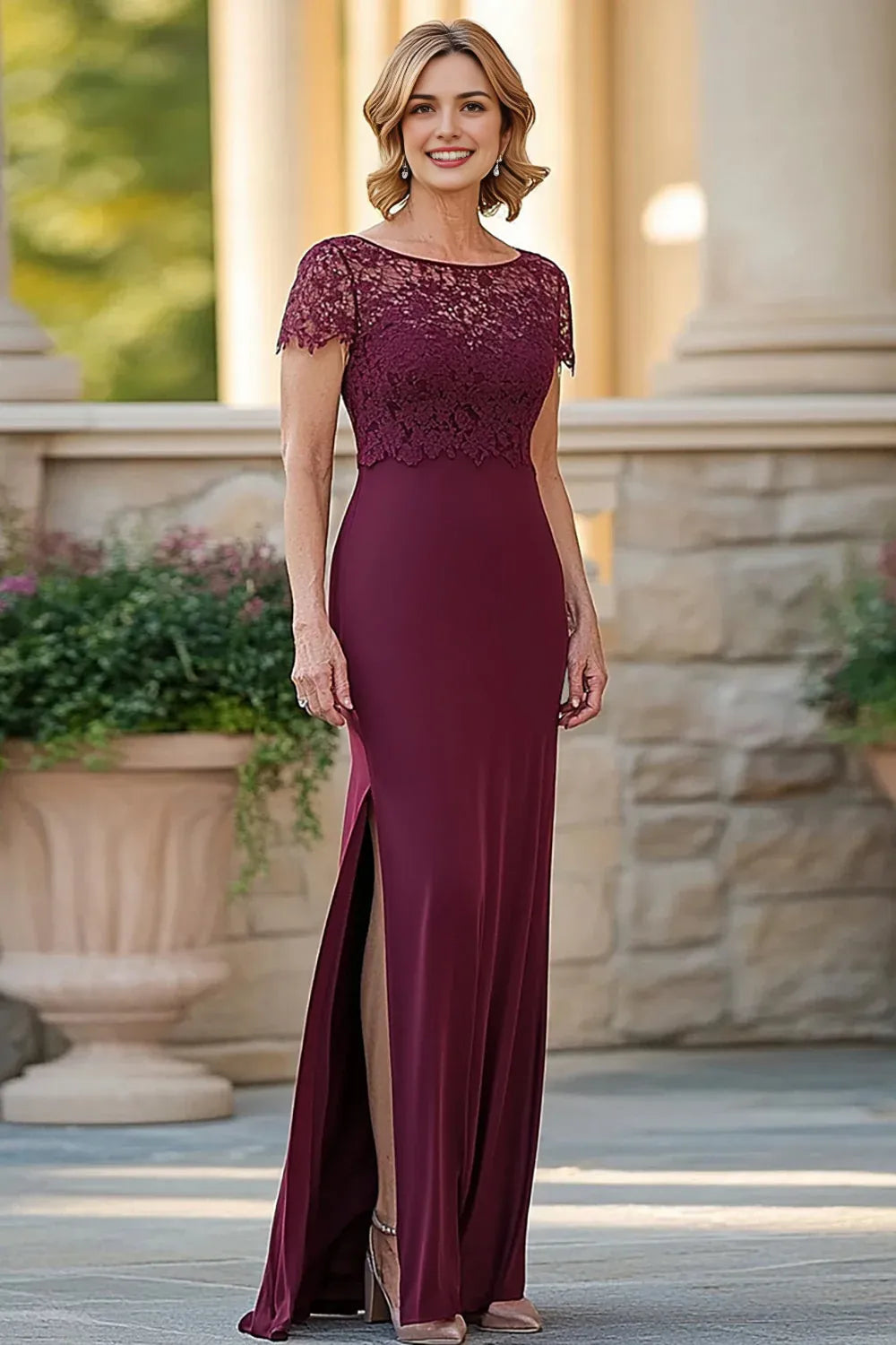 Burgundy Sheath Mother of the Bride Dress with Slit
