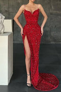Burgundy Spaghetti-Straps Mermaid Prom Dress Long Sequins Evening Gowns With Split