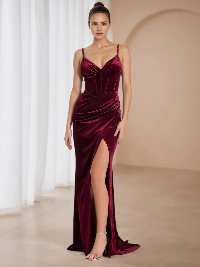 Burgundy Mermaid Prom Dress Plunging V - Neck Spaghetti Straps Side Slit for Timeless Gala Sophistication