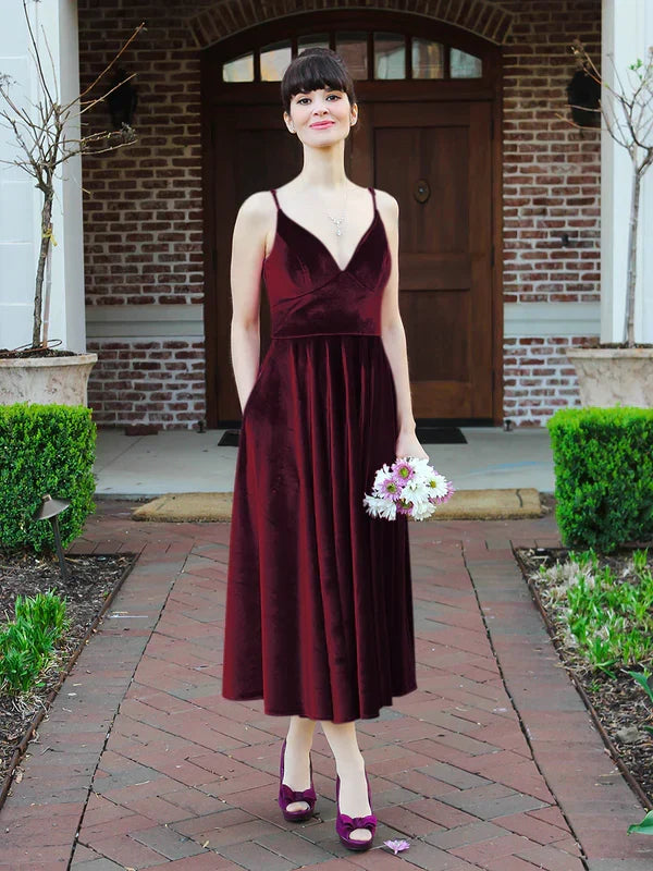 Spaghetti Straps A-line V-neck Midi Dresses