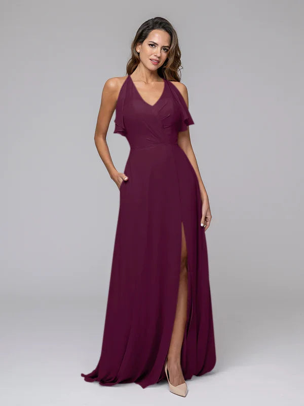 Ruffles V Neck Floor Length Bridesmaid Dresses