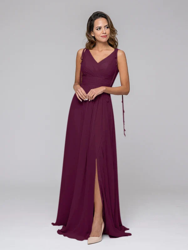 Tassel Straps V Neck Bridesmaid Dresses With Slit Skirt