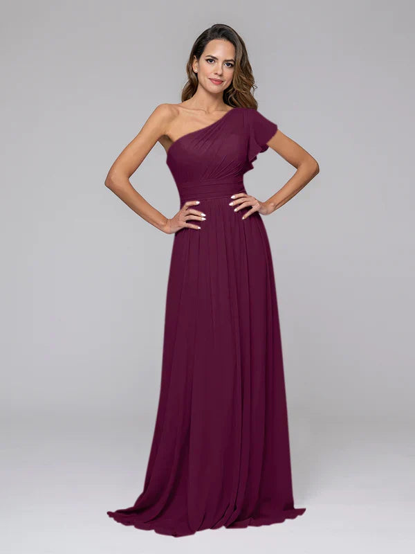 A Line One Shoulder Flutter Sleeve Bridesmaid Dresses