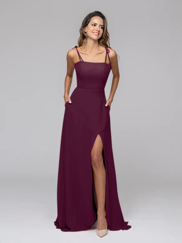 Front Slit Spaghetti Strap Open Back Bridal Party Dresses