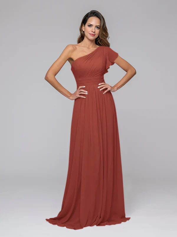 A Line One Shoulder Flutter Sleeve Bridesmaid Dresses