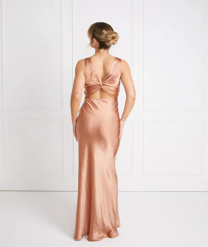 Special Occasion Sophisticated Graceful Stylish Refined Beautiful Timeless Elegant Champagne Satin Bridesmaid Dress