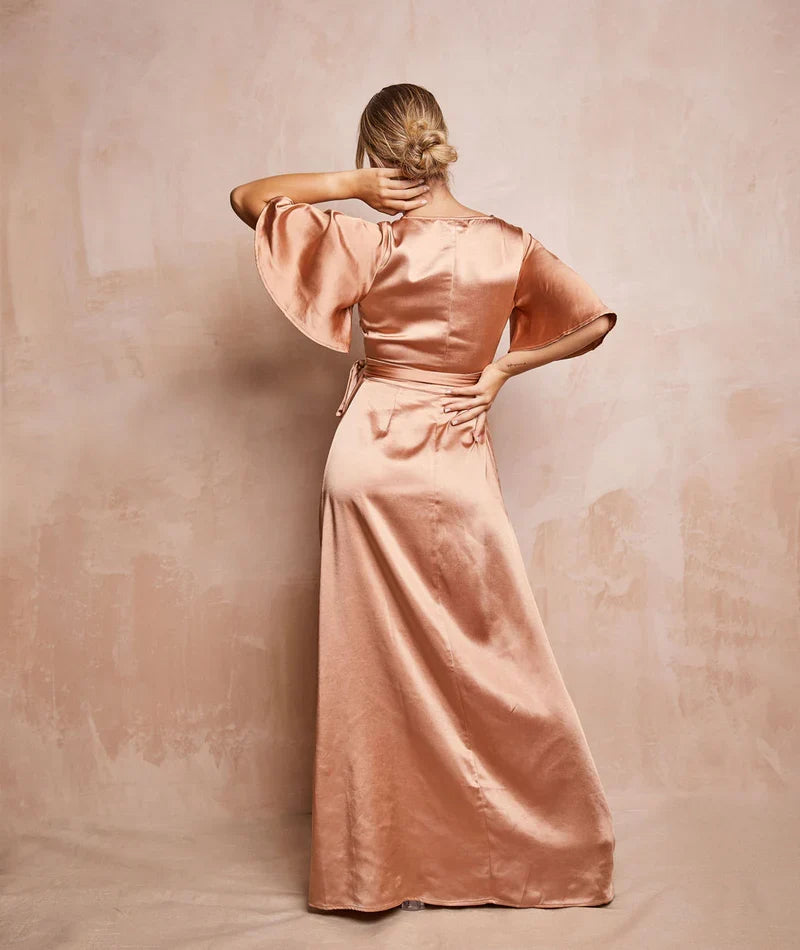 Special Occasion Sophisticated Graceful Stylish Refined Beautiful Elegant Champagne Satin Bridesmaid Dress