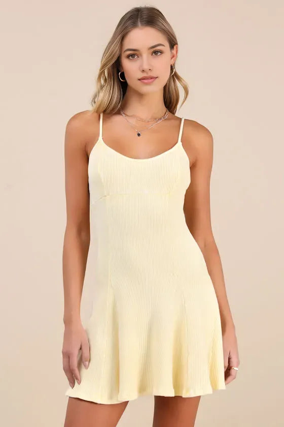 Yellow Butter Ribbed Homecoming Dress Spaghetti Straps Flowy Hem Radiate Youthful Charm at Your School Dance