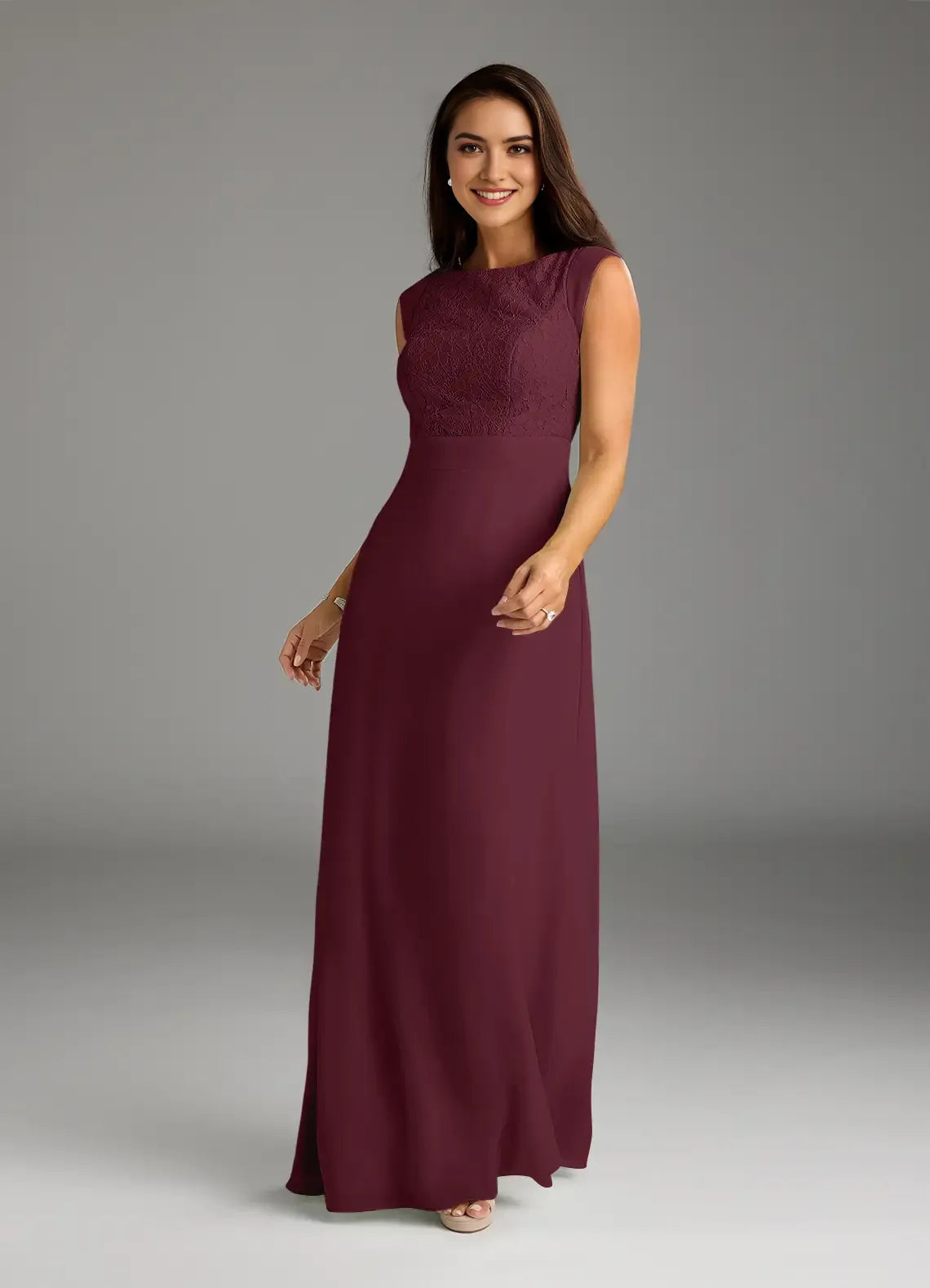 Cabernet A-Line Mother of the Bride Dress Exquisite Boat Neckline Hand Crafted Bodice Artfully Draped Flowy Skirt