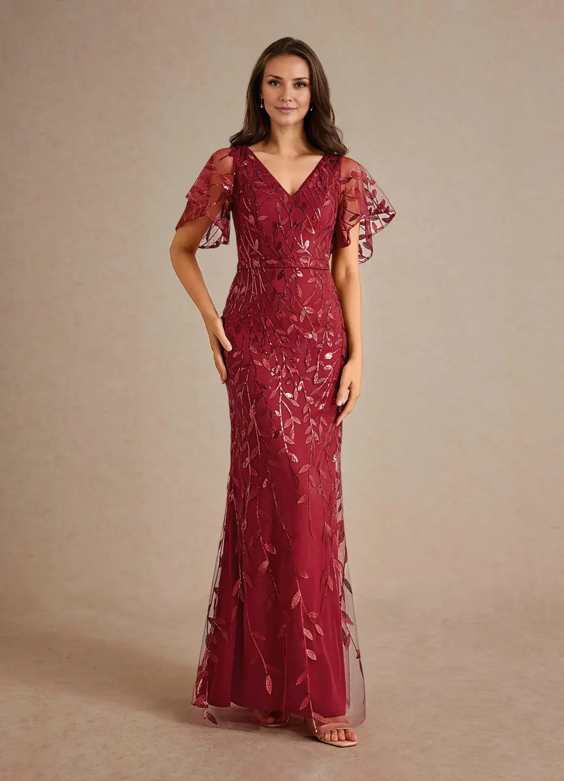 Sophisticated Graceful Stylish Refined Beautiful Elegant Champagne Tulle Sheath V-Neck Evening Dress