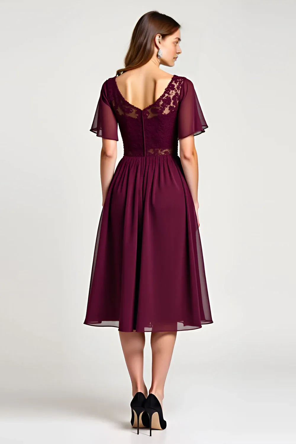 Elegant Red A-Line Classic-Neck Classic-Sleeve Classic-Back Midi-Length Mother-of-the-Bride Dress