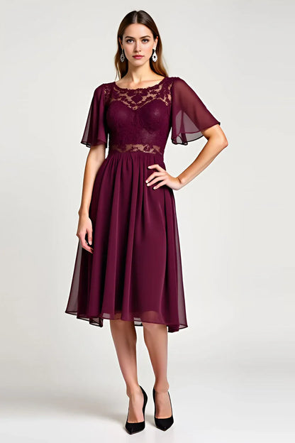 Elegant Red A-Line Classic-Neck Classic-Sleeve Classic-Back Midi-Length Mother-of-the-Bride Dress