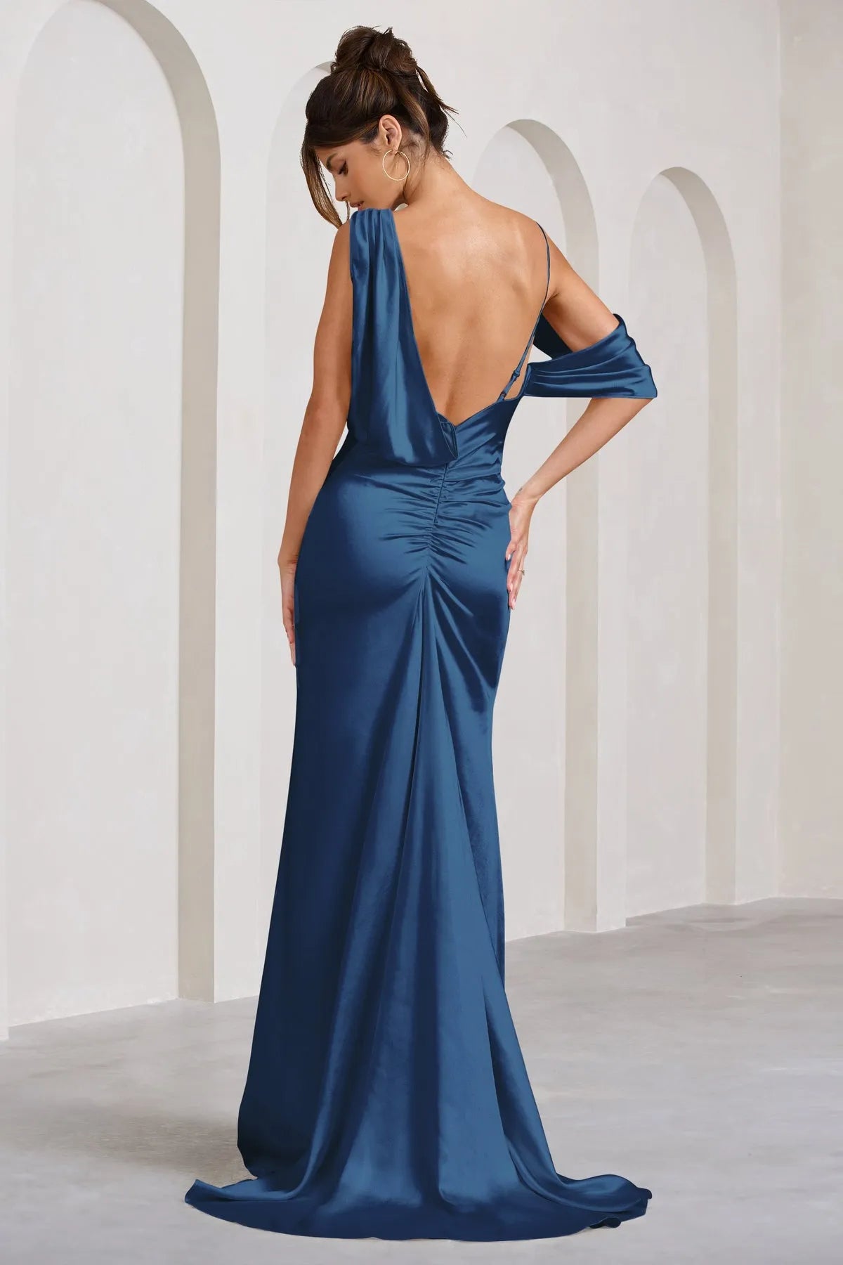 Navy Blue Captivating Prom Dresses with One Shoulder Design Flowing Drapes and Alluring