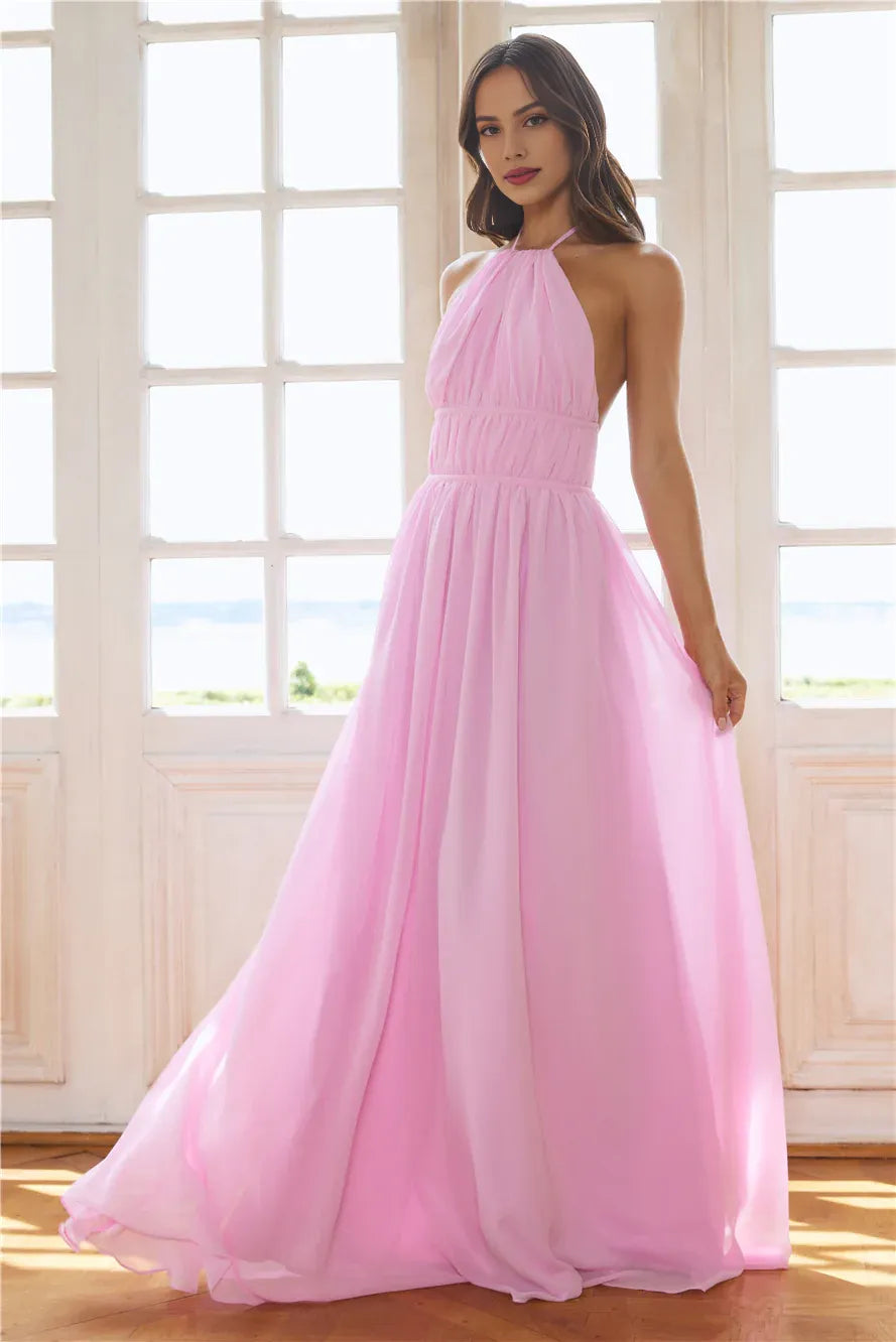 Pink Casual Fashion A-line Halter Pleated Tie Open Back Floor Length Prom Dress