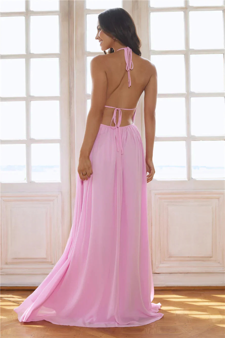Pink Casual Fashion A-line Halter Pleated Tie Open Back Floor Length Prom Dress