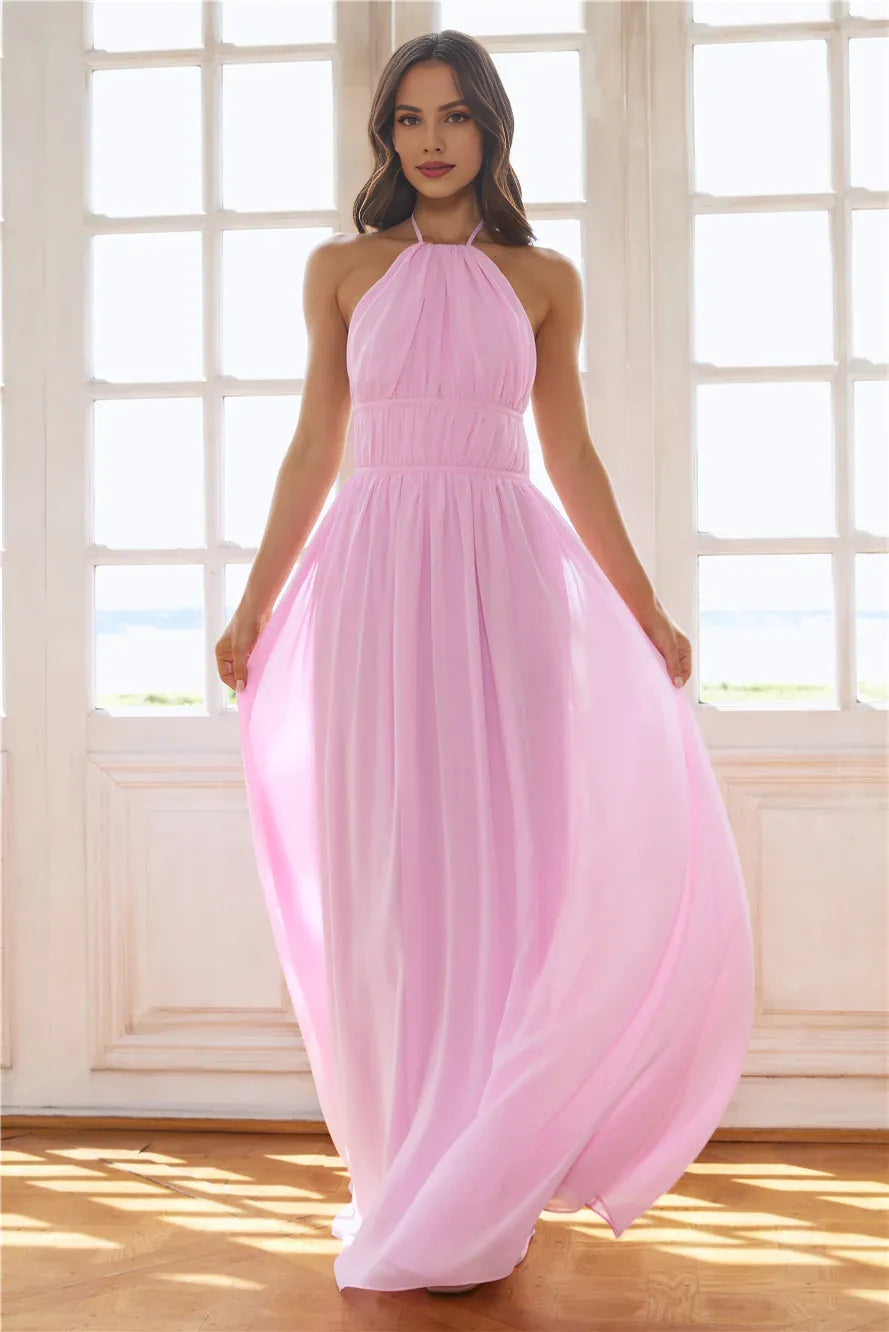 Pink Casual Fashion A-line Halter Pleated Tie Open Back Floor Length Prom Dress