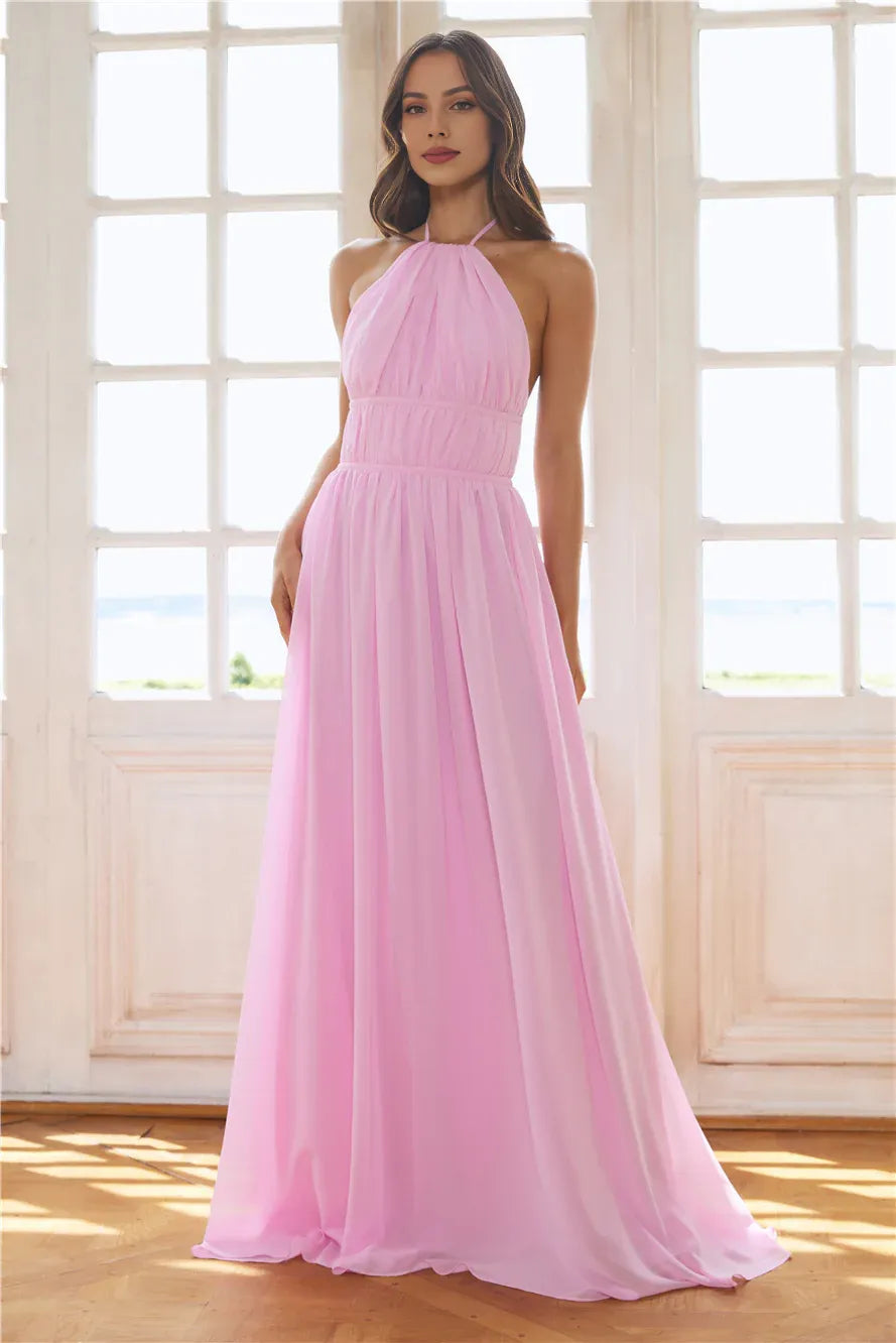 Pink Casual Fashion A-line Halter Pleated Tie Open Back Floor Length Prom Dress