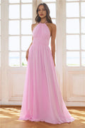 Pink Casual Fashion A-line Halter Pleated Tie Open Back Floor Length Prom Dress