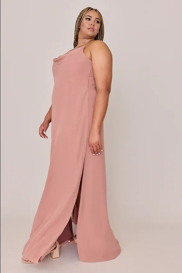 Timeless Special Occasion Elegant Blush Pink Chiffon A-Line Cowl Sleeveless Bridesmaid Dress