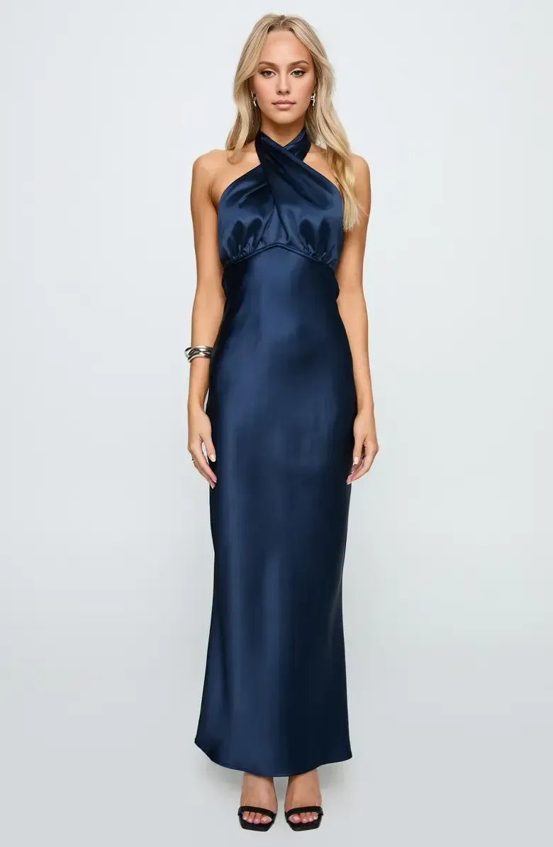 Refined Beautiful Timeless Elegant Navy Blue Satin Halter Sleeveless Floor-Length Prom Dress