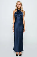 Refined Beautiful Timeless Elegant Navy Blue Satin Halter Sleeveless Floor-Length Prom Dress